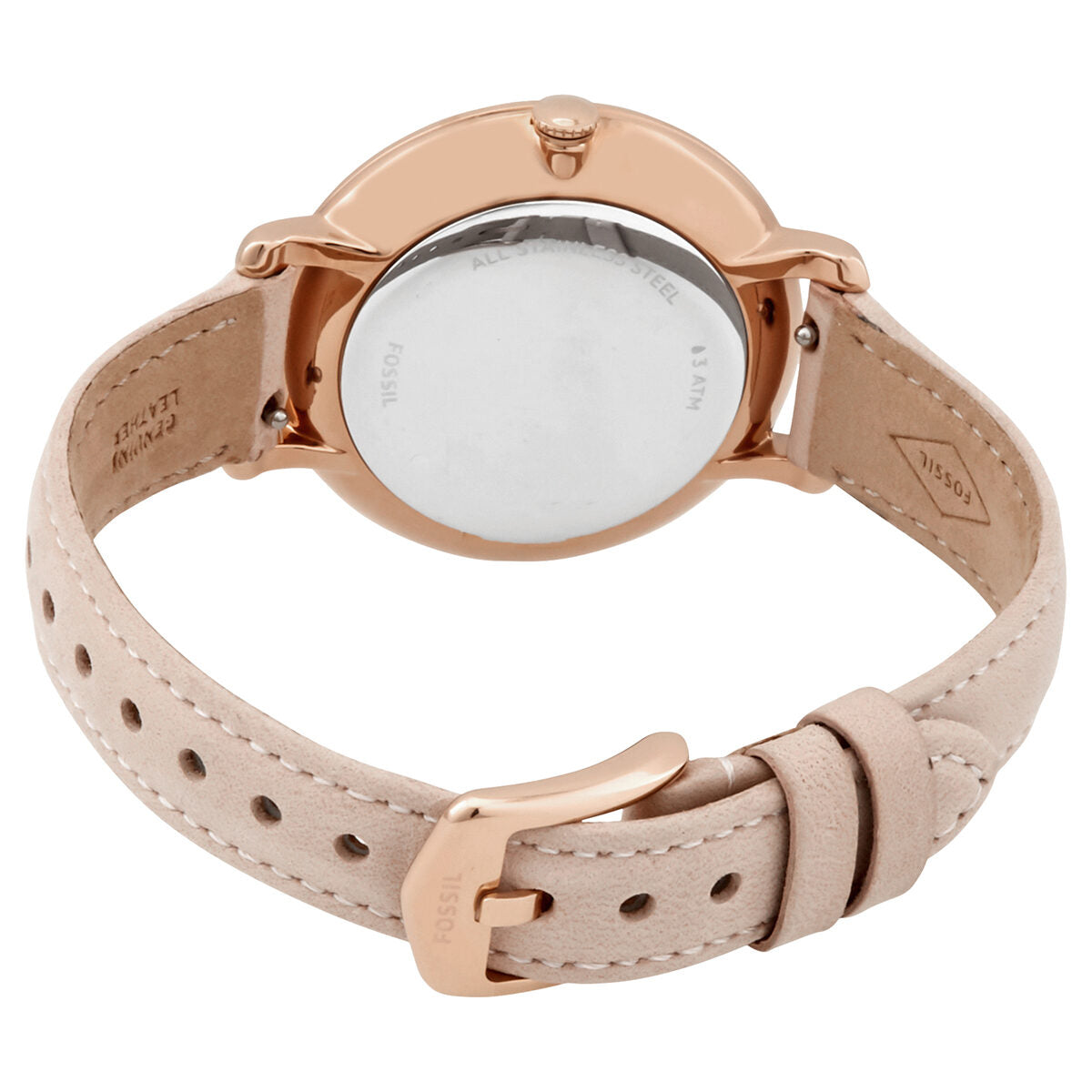 Fossil Jacqueline watch caseback view showing rose gold case and leather strap