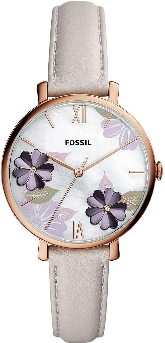 Fossil Jacqueline white floral dial watch with rose gold case and gray leather strap