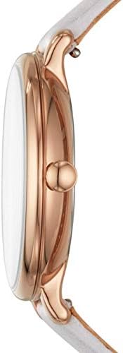 Fossil Jacqueline watch side profile showing rose gold case and gray leather strap