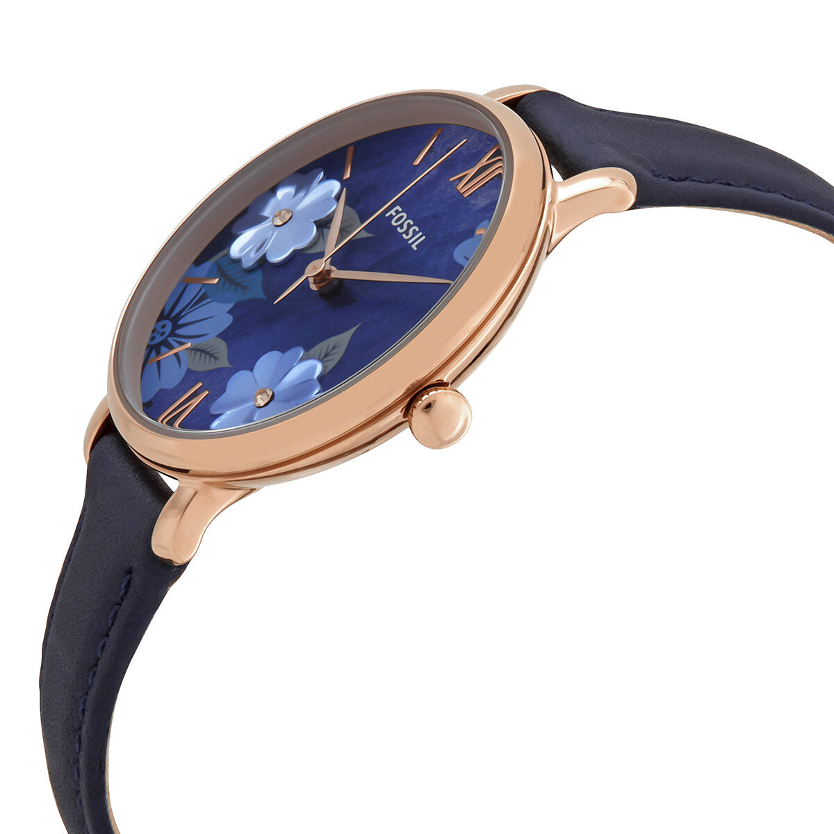 Fossil Jacqueline watch displayed at angle showing blue dial with flower pattern and rose gold case