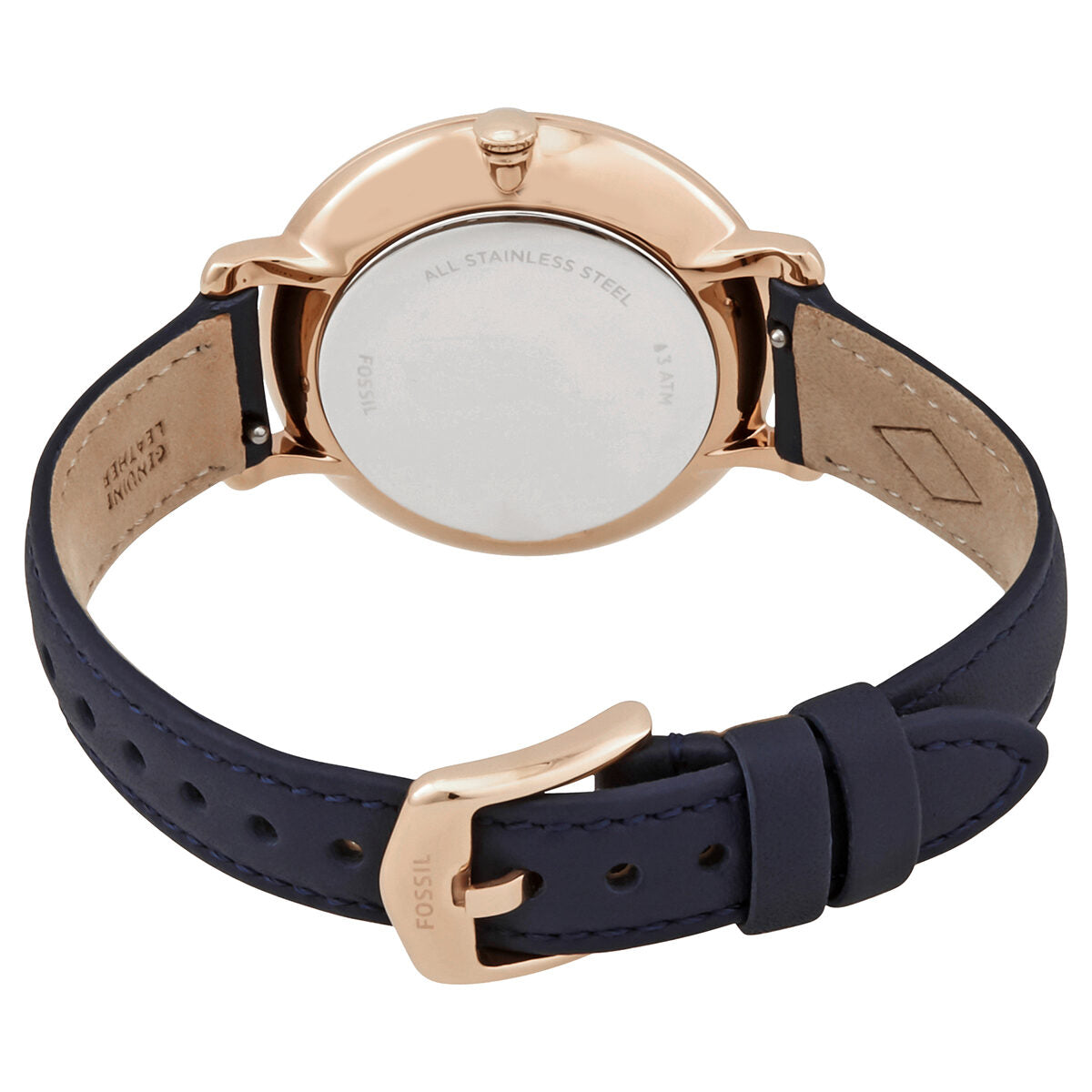 Caseback of Fossil Jacqueline watch showing stainless steel back and navy leather strap with buckle
