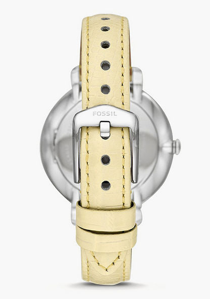 Fossil Jacqueline watch case back view with silver-tone case and lemon leather strap with buckle