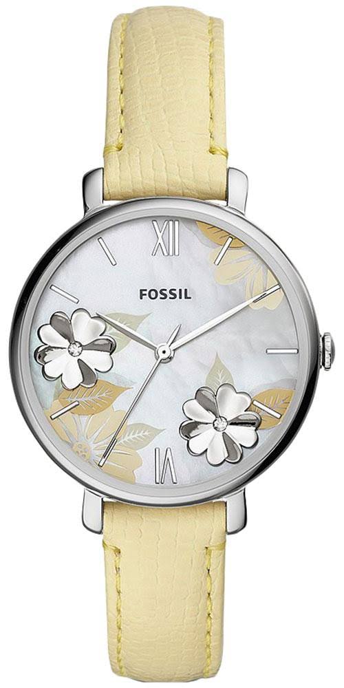 Fossil Jacqueline three-hand watch with white dial, floral design, and lemon yellow leather strap