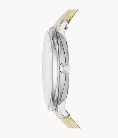 Fossil Jacqueline watch side profile showing silver-tone case and lemon leather strap