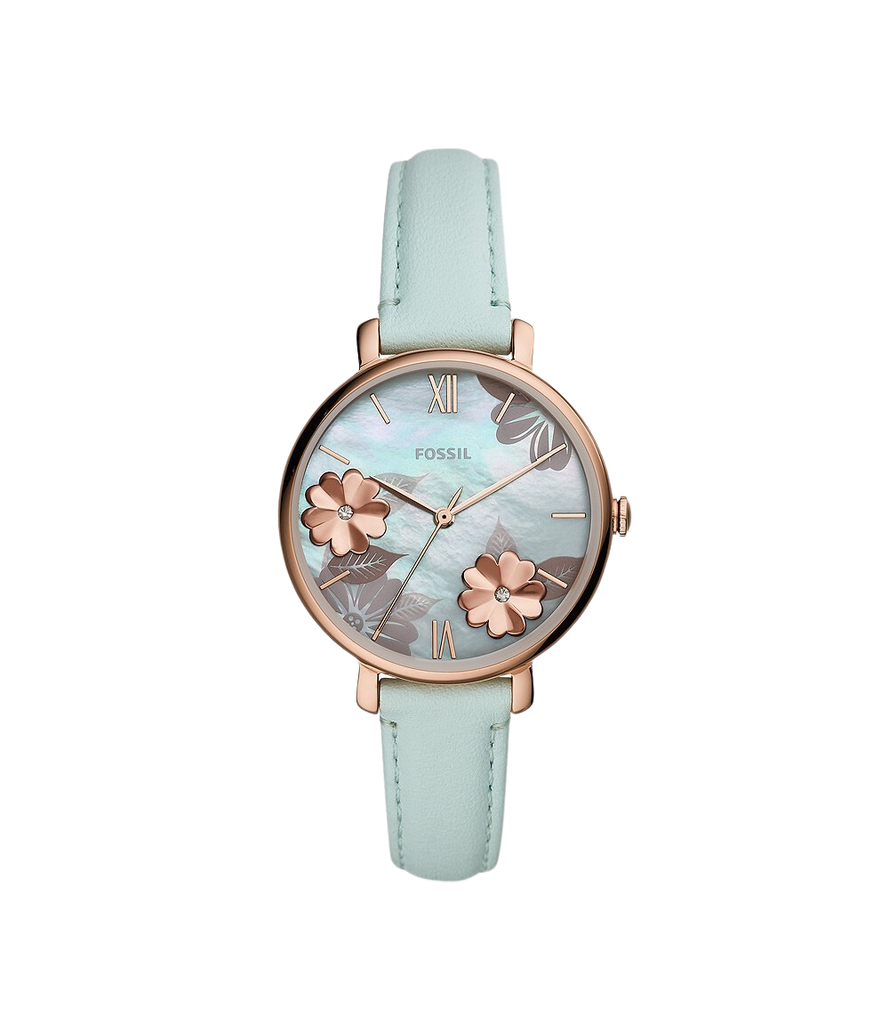 Fossil Jacqueline three-hand women's watch with rose gold case, white dial with floral design, and mint green leather strap