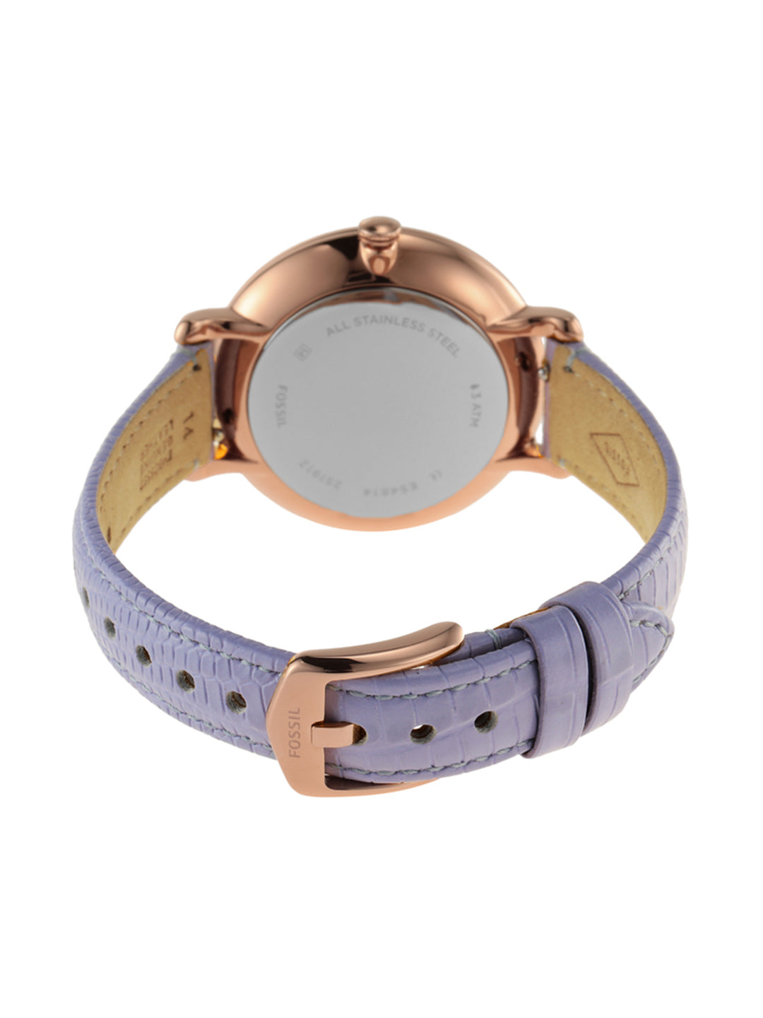 Back view of Fossil Jacqueline watch showing case back and lavender leather strap with rose gold buckle