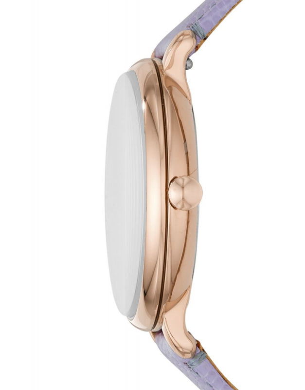 Side profile of Fossil Jacqueline watch showing rose gold case thickness and lavender leather strap