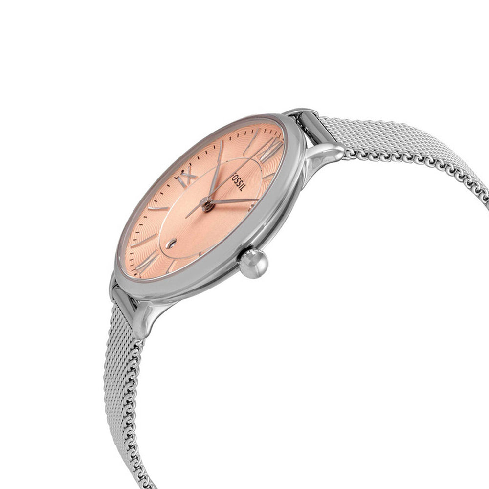 Fossil Jacqueline watch angled view showing pink dial and mesh bracelet