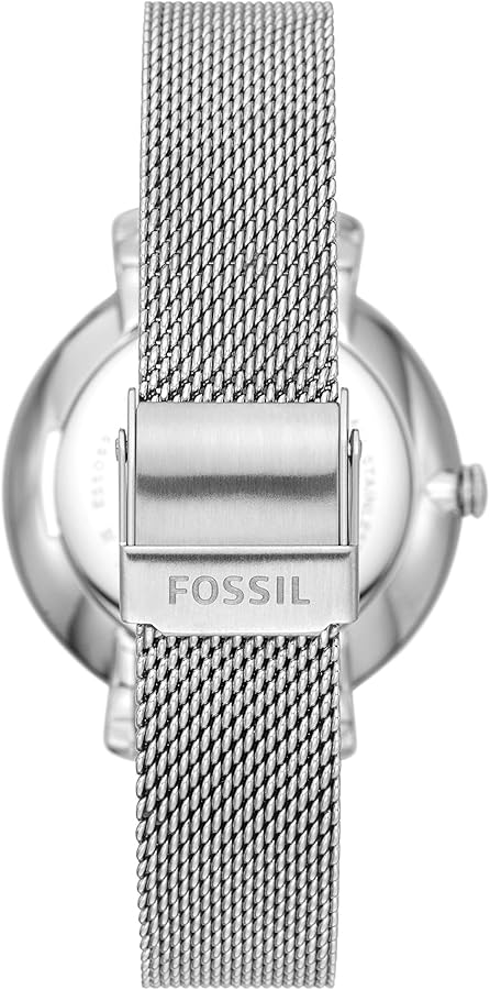 Fossil Jacqueline watch caseback showing stainless steel mesh strap attachment