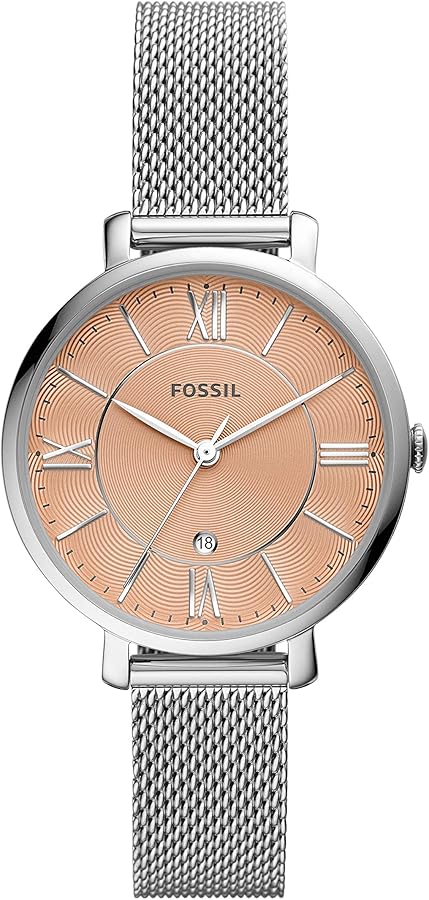 Fossil Jacqueline quartz watch with rose pink dial and stainless steel mesh strap
