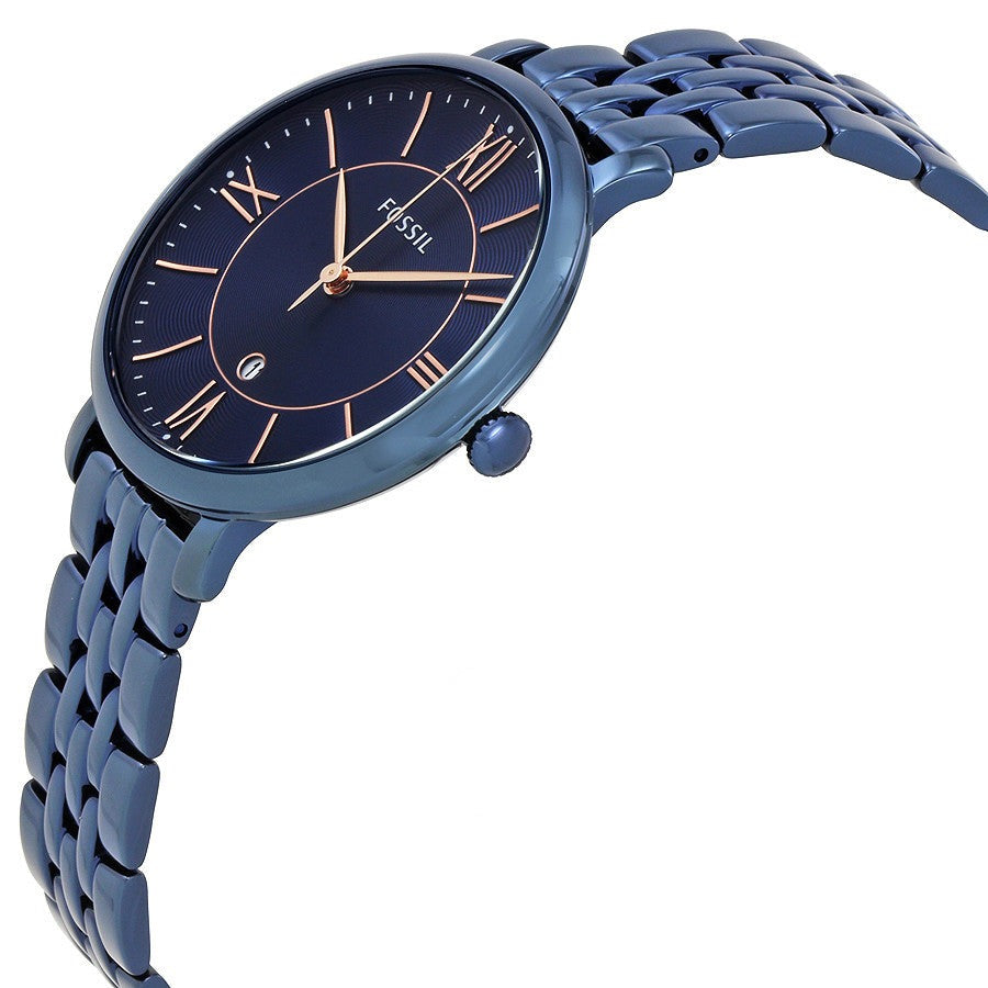 Fossil Jacqueline watch at angle showing navy blue metal bracelet and black dial