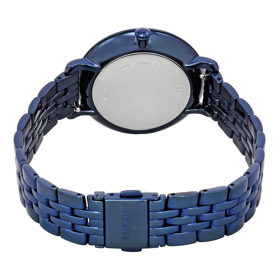 Fossil Jacqueline watch caseback showing silver case back and navy blue metal strap
