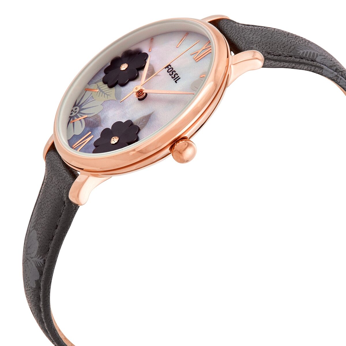 Fossil Jacqueline ladies watch side view showing rose gold case and gray leather strap with floral pattern