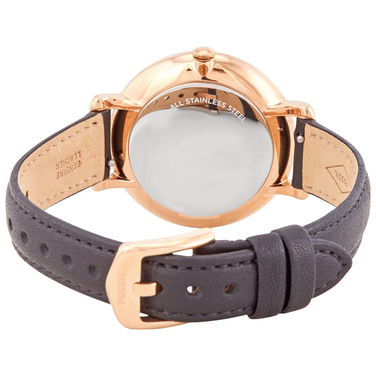 Fossil Jacqueline watch caseback showing stainless steel case and gray leather strap detail