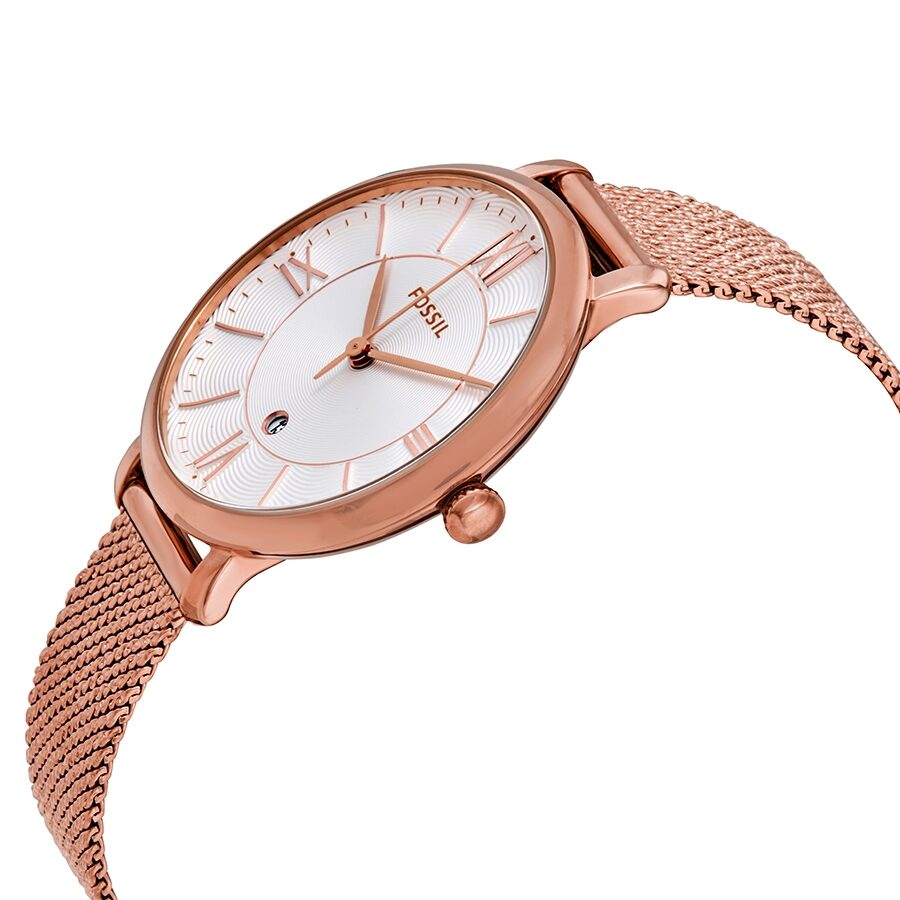 Fossil Jacqueline watch shown at an angle displaying the case profile and mesh band