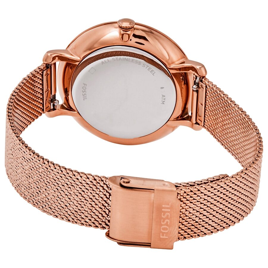 Fossil Jacqueline watch caseback showing stainless steel construction and mesh strap detail