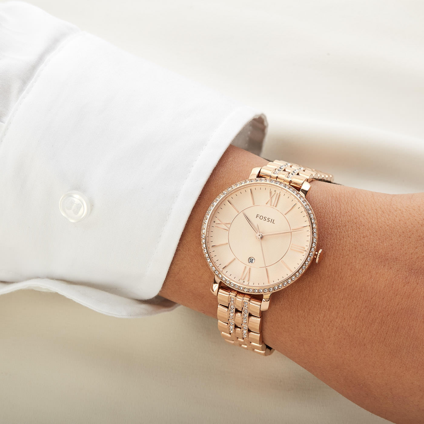 Fossil Jacqueline watch on wrist with diamond bezel and rose gold bracelet