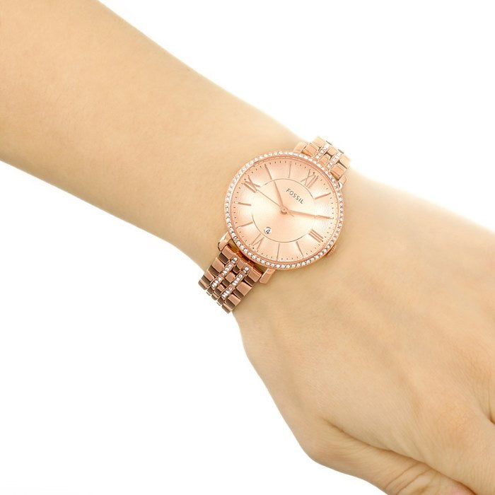 Fossil Jacqueline rose gold diamond watch worn on wrist