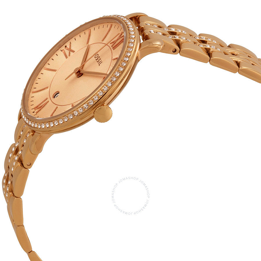 Fossil Jacqueline watch side view showing rose gold case and diamond-set bezel