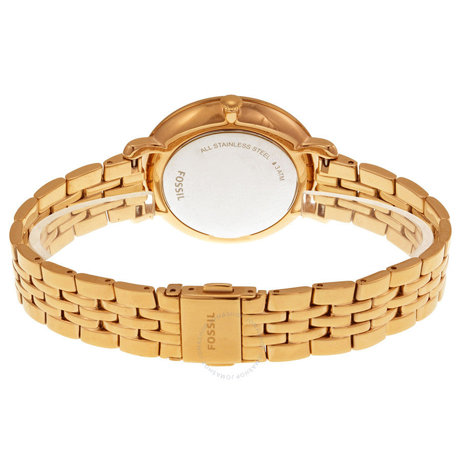 Fossil Jacqueline watch back view showing stainless steel case back and rose gold bracelet