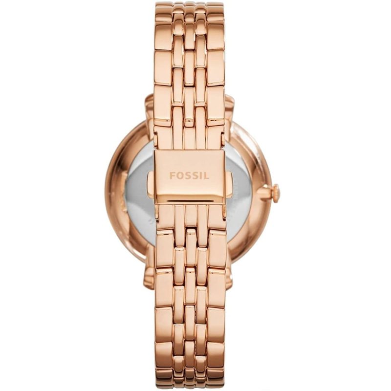 Caseback view of Fossil Jacqueline rose gold watch with Fossil branding