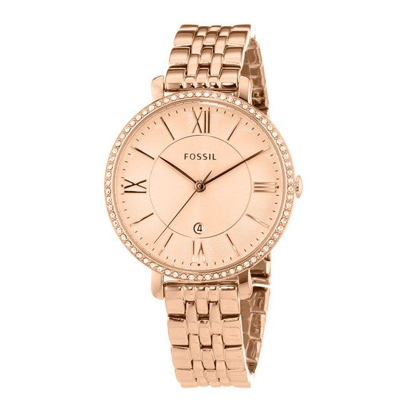 Fossil Jacqueline rose gold women's watch with crystal bezel and rose gold link bracelet