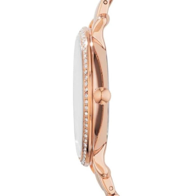Side view of Fossil Jacqueline rose gold watch with crystal bezel detail
