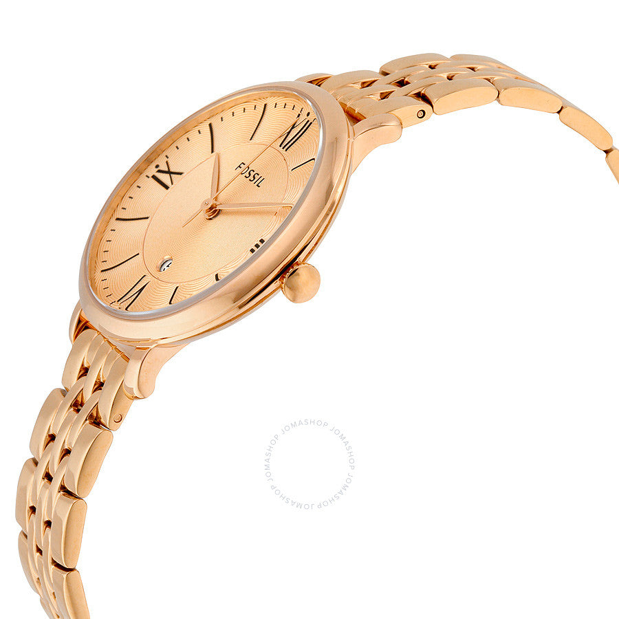 Fossil Jacqueline rose gold watch angled view showing dial and bracelet detail
