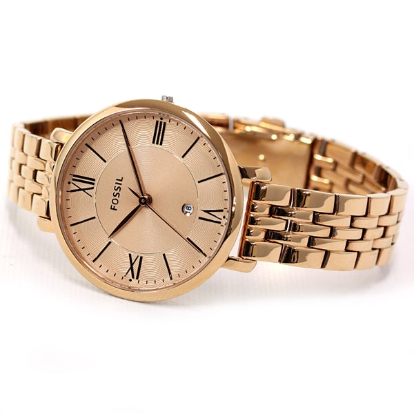 Fossil Jacqueline rose gold watch side view with Roman numeral dial and bracelet