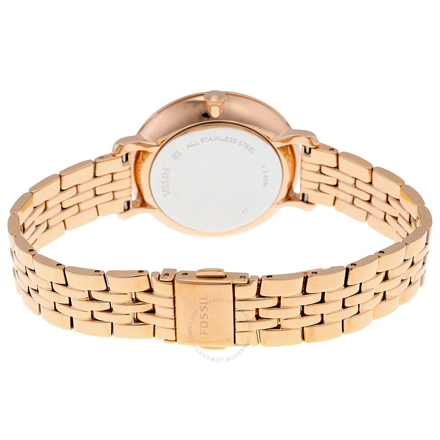 Fossil Jacqueline rose gold watch caseback view showing rose gold bracelet strap