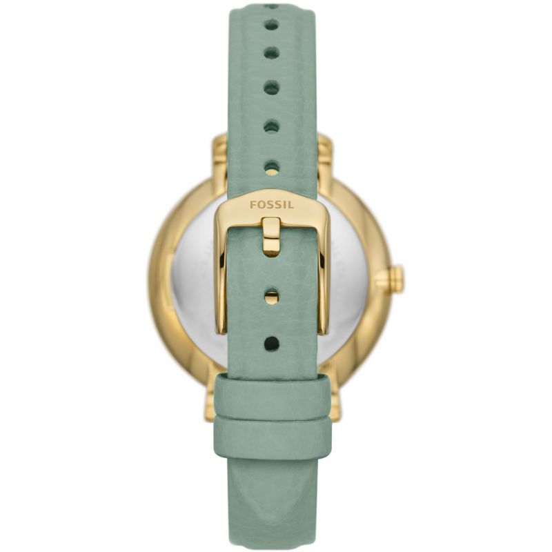 Back view of Fossil Jacqueline watch with green leather strap and gold-tone buckle