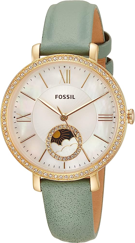 Fossil Jacqueline women's watch with sun-moon dial, gold case, rhinestone bezel, and green leather strap