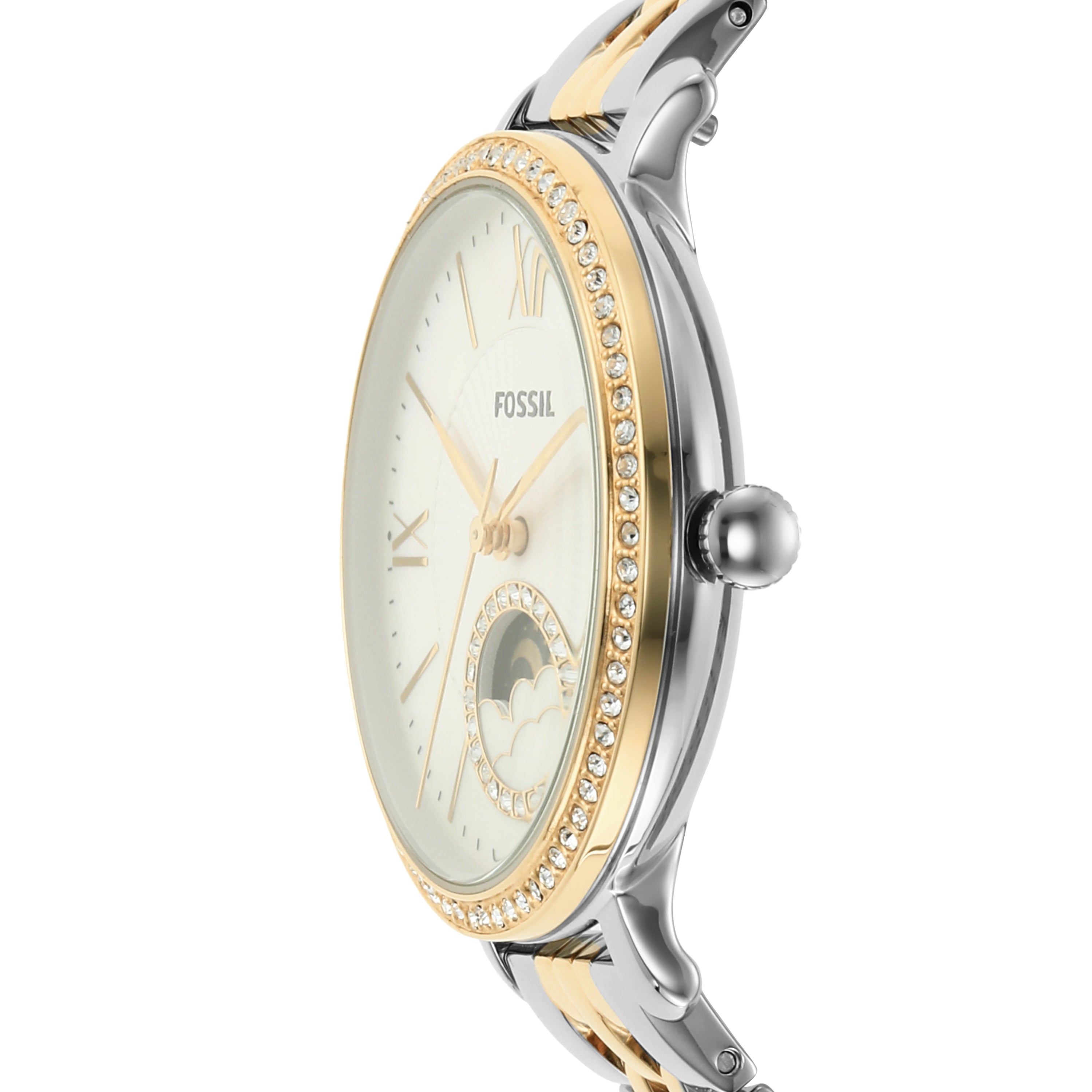 Side view of Fossil Jacqueline watch showing two-tone case and bracelet
