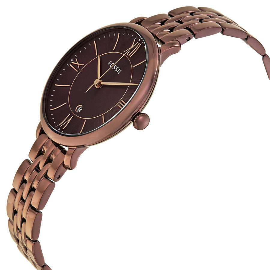 Side angle view of Fossil Jacqueline wine watch showing curved dial and segmented bracelet