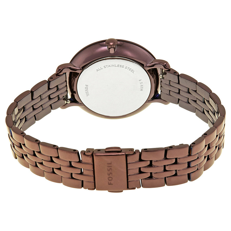 Caseback view of Fossil Jacqueline watch showing stainless steel case and bracelet