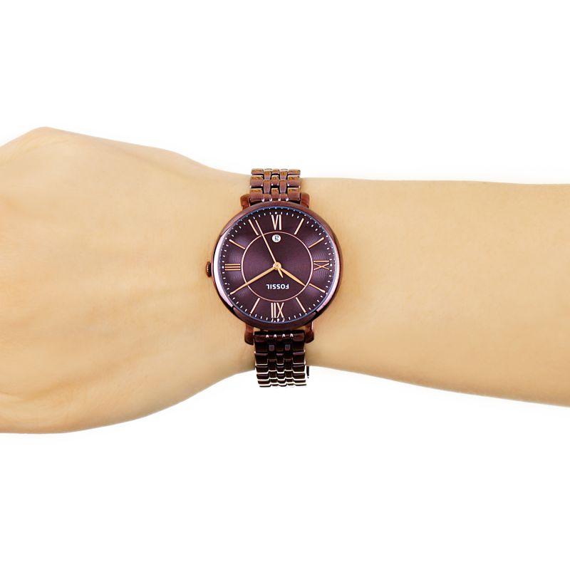 Fossil Jacqueline wine ion-plated watch worn on wrist showing dial and bracelet fit