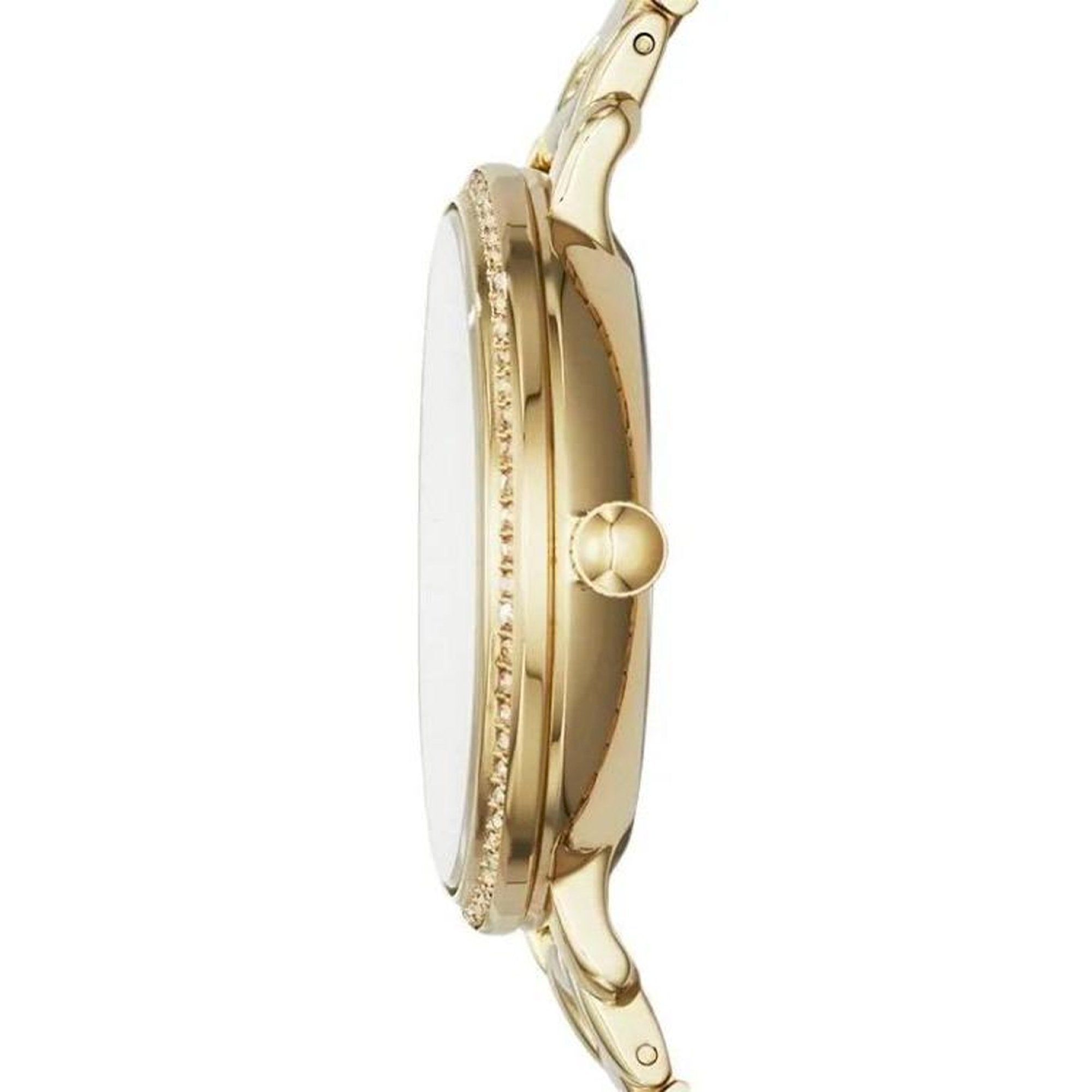 Side view of Fossil Jaqueline gold-tone watch showing thin profile and bracelet