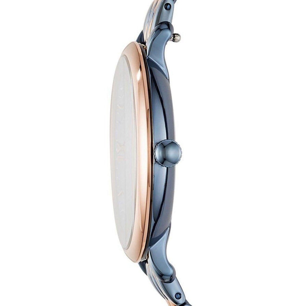 Side profile of Fossil Jaqueline watch showing rose gold case and bracelet thickness