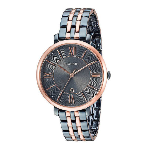 Three-quarter angle view of Fossil Jaqueline two-tone watch with rose gold bezel and steel bracelet