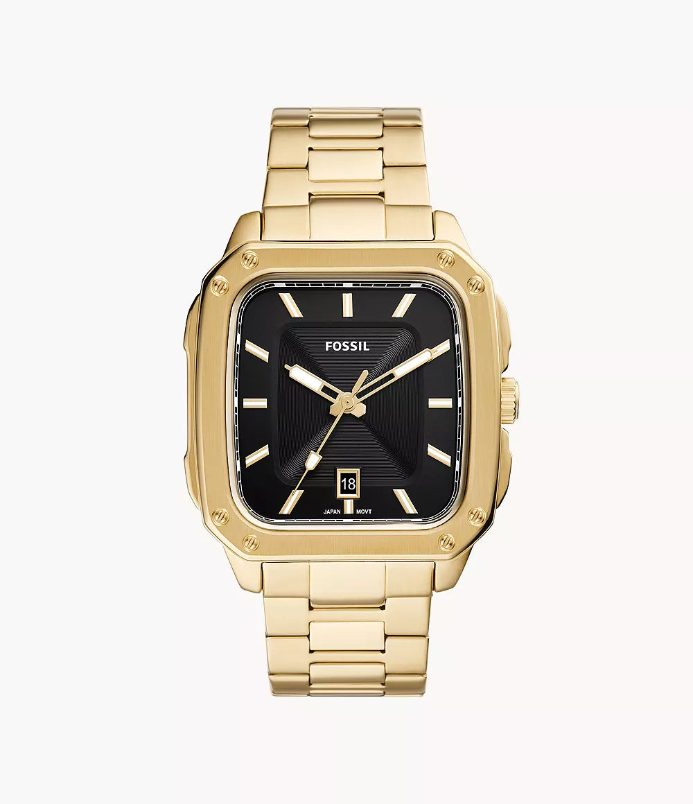 Fossil Machine Chrono gold stainless steel watch with black square dial and white hour markers