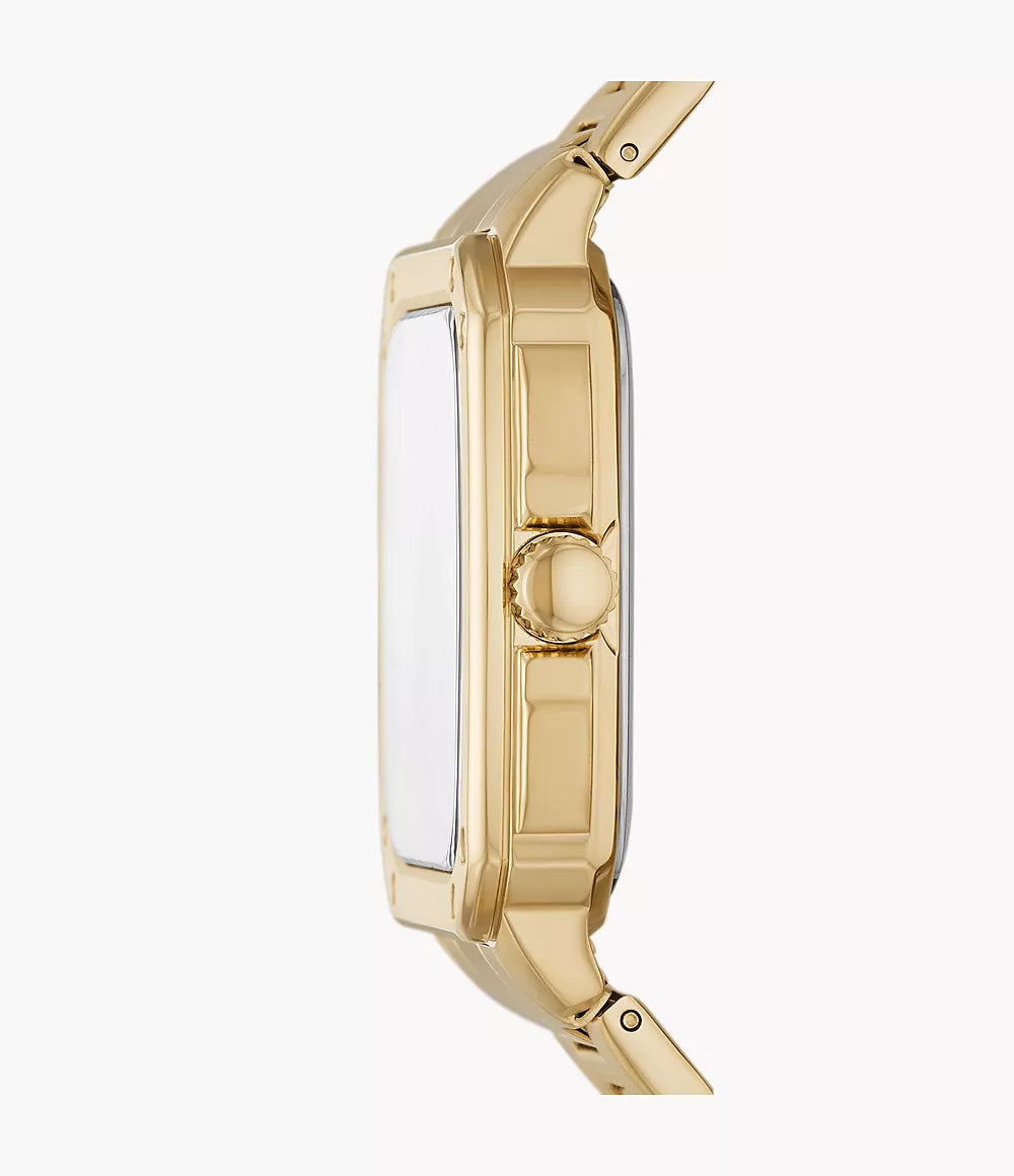 Fossil Machine Chrono watch side profile showing gold stainless steel case thickness and crown