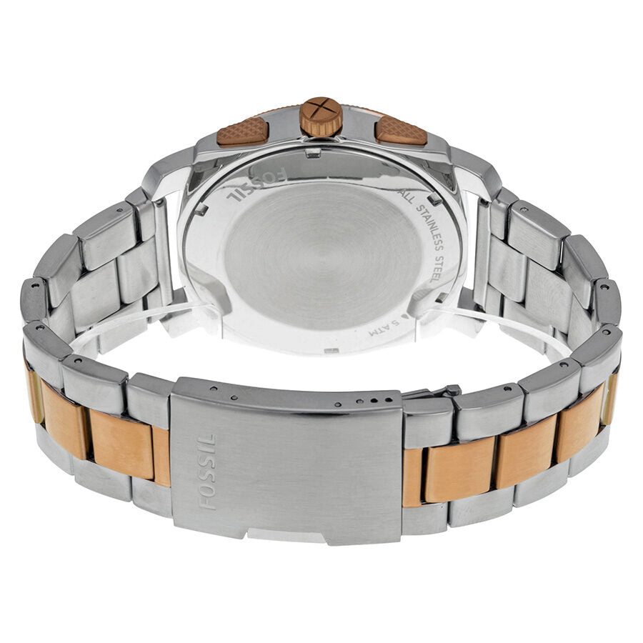 Caseback view showing stainless steel case with two-tone bracelet in silver and rose gold