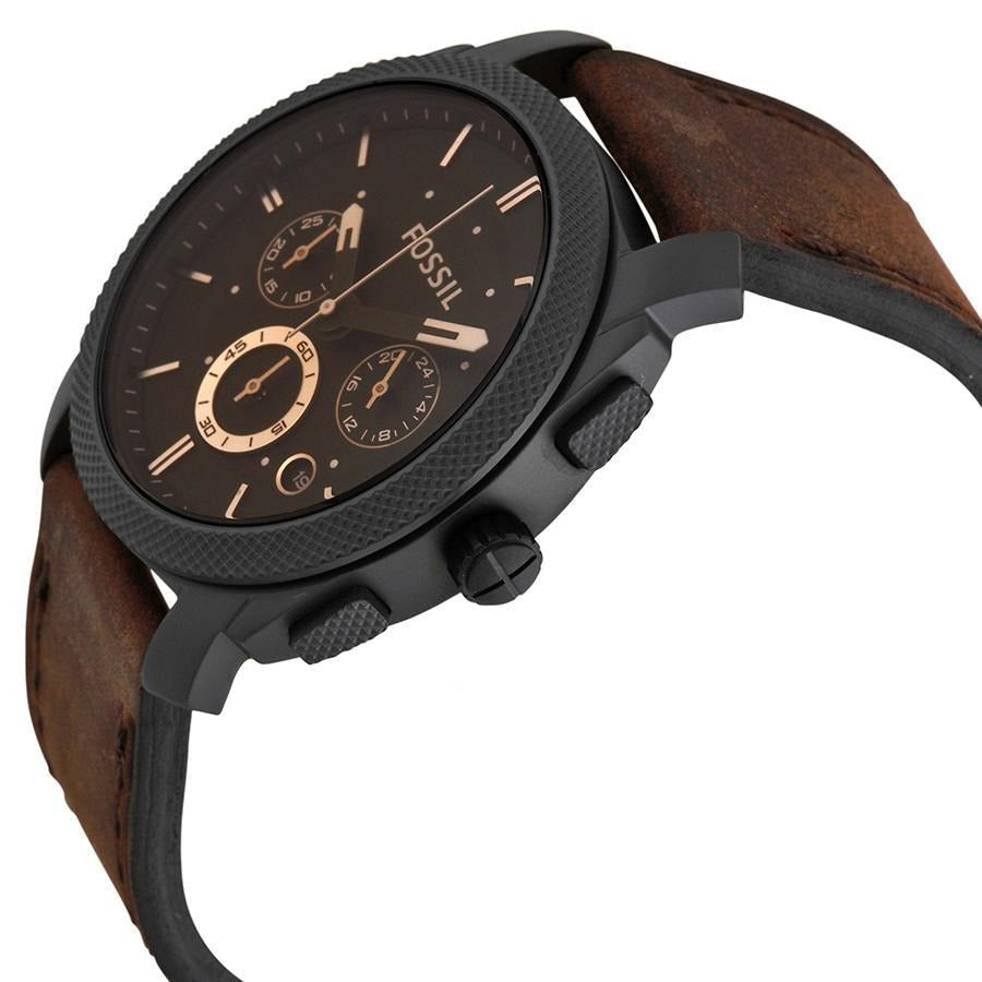 Angled view of Fossil Machine Chronograph watch showing brown dial, chronograph subdials and black bezel