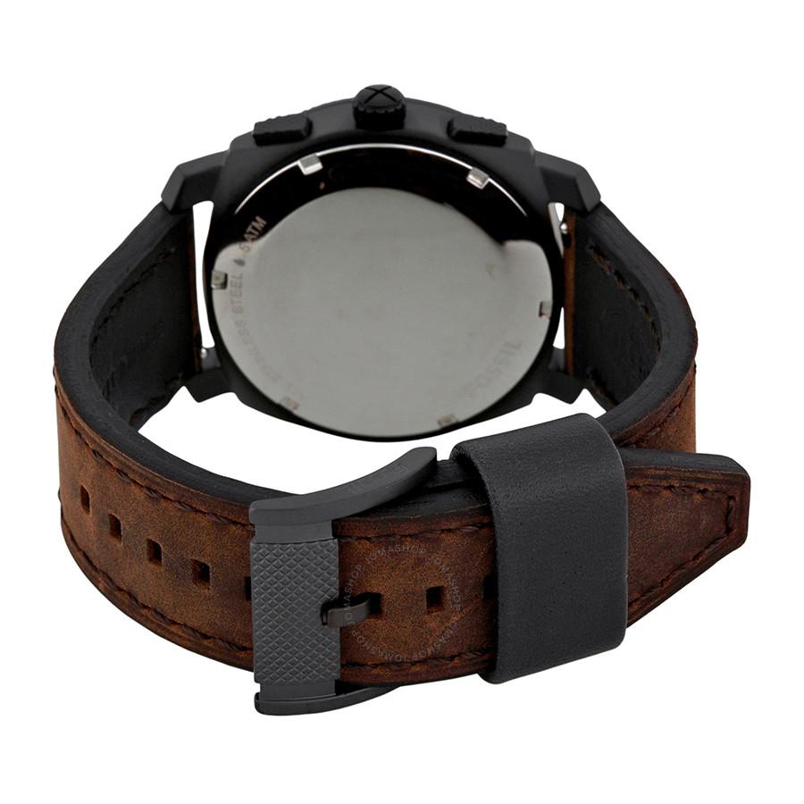 Back view of Fossil Machine Chronograph watch showing caseback and brown leather strap with clasp