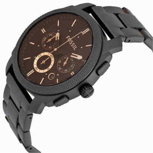 Fossil Machine FS4682 side angled view showing dark brown chronograph dial and black bracelet