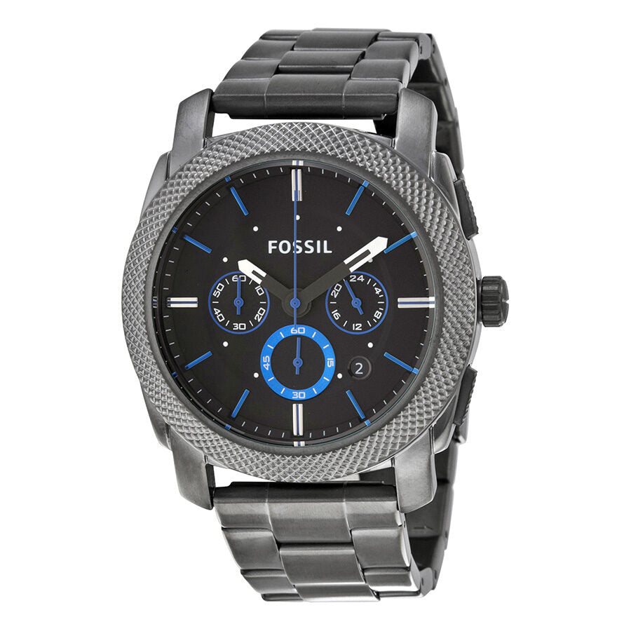 Fossil Machine Chronograph watch with black dial, blue subdials, stainless steel case and bracelet