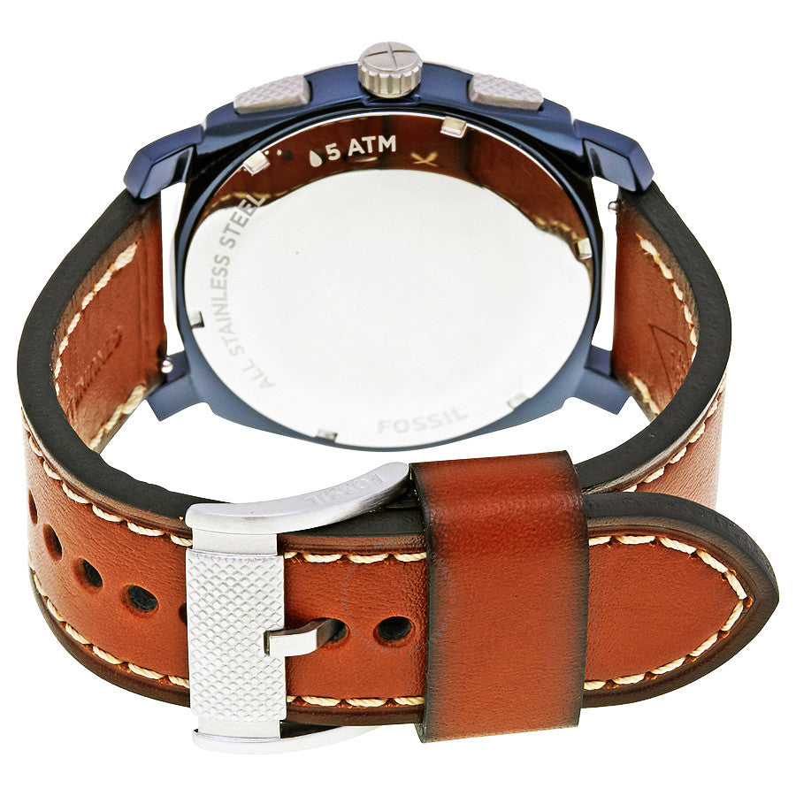 Caseback view of Fossil Machine watch showing brown leather strap and 5 ATM water resistance