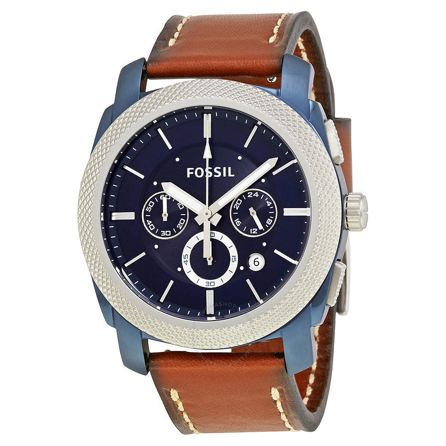 Fossil Machine chronograph men's watch with blue dial, tan leather strap, and three subdials