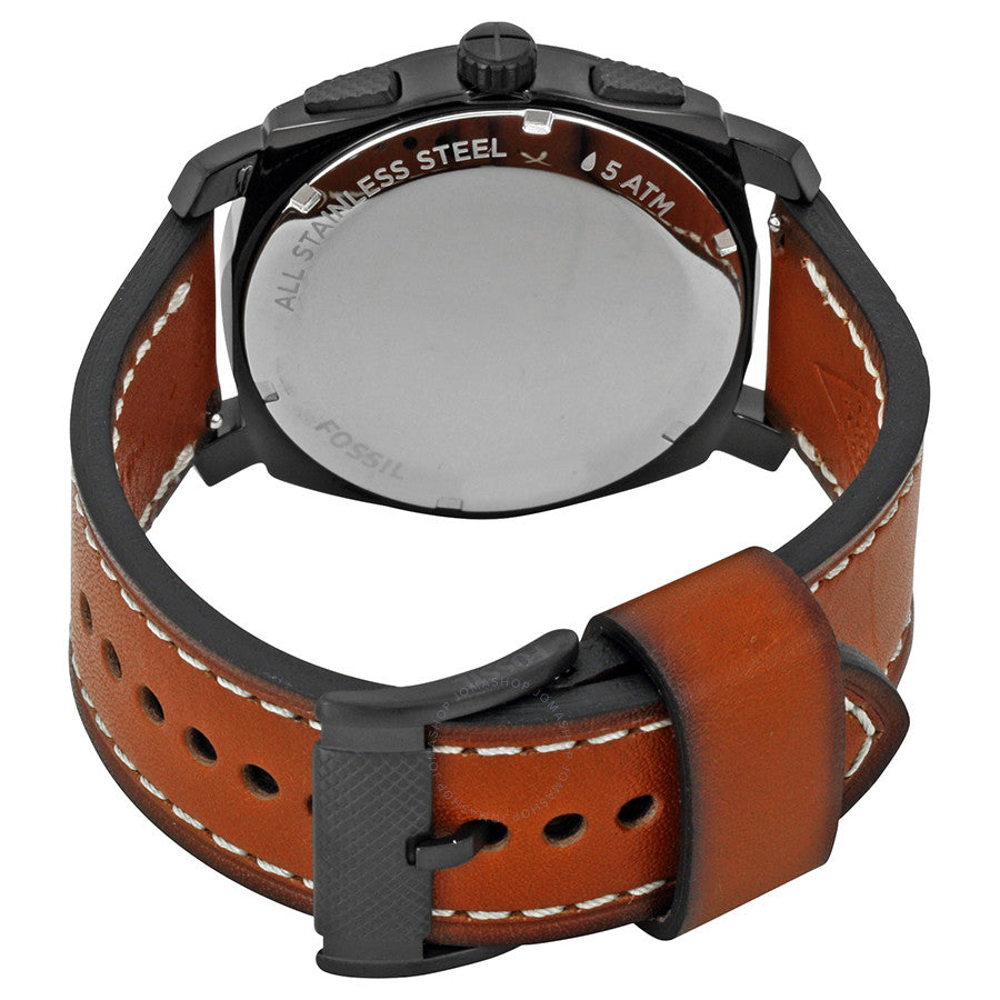 Fossil Machine watch caseback showing stainless steel back and brown leather strap with stitching