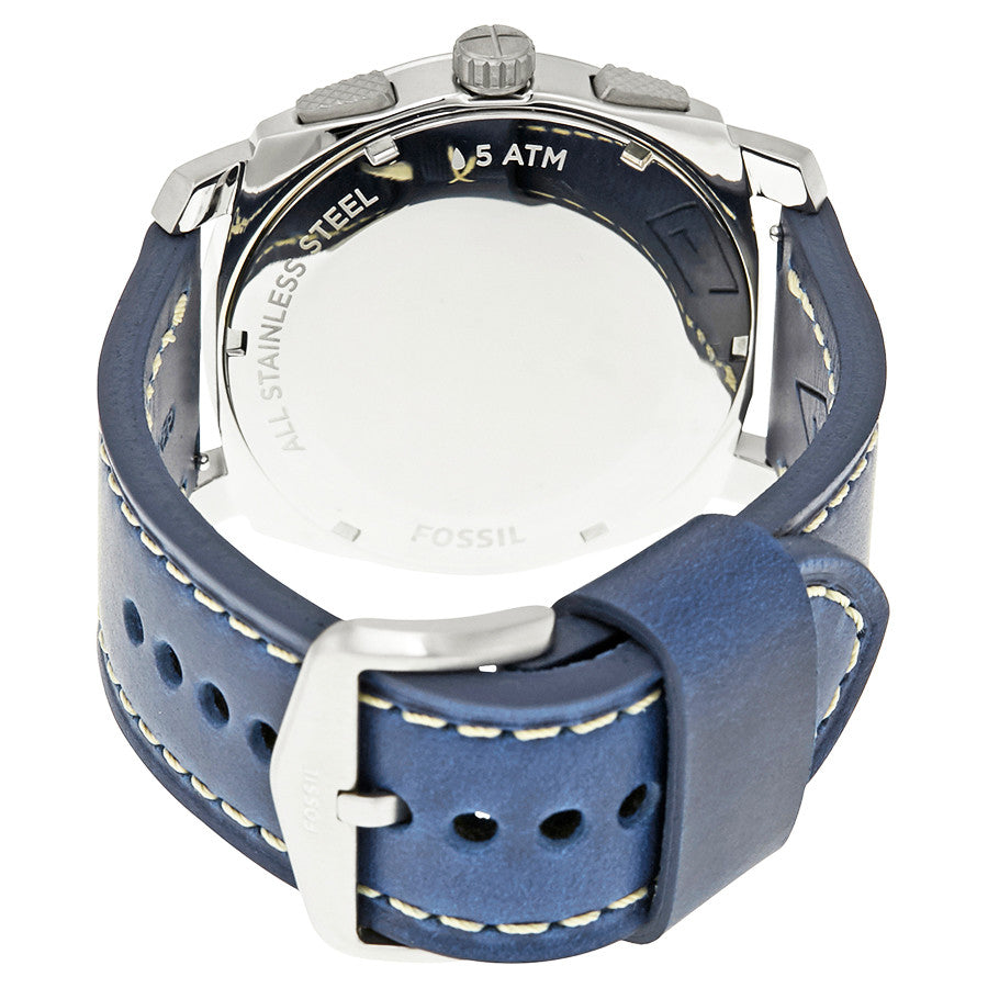 Fossil Machine watch caseback showing stainless steel construction and 5 ATM water resistance rating